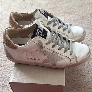 Golden Goose White and Tan Sneakers